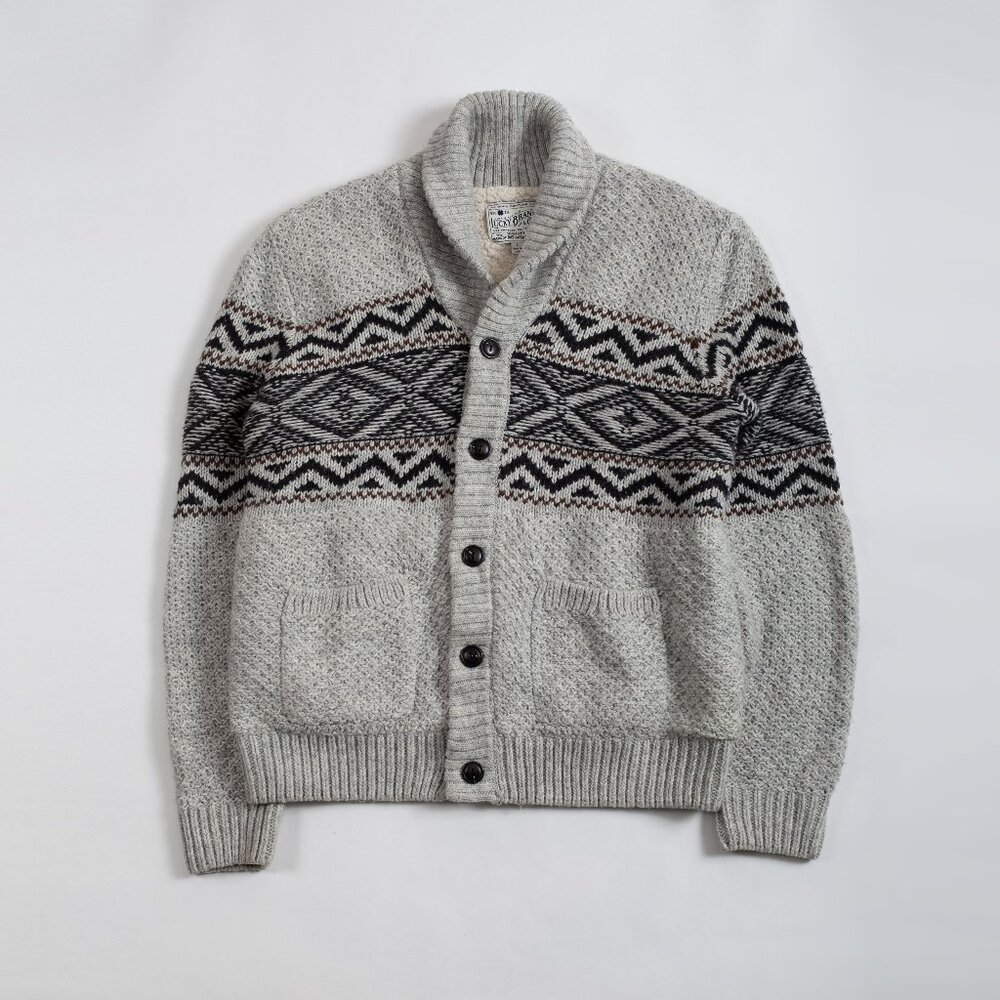 Lucky Brand Men's Wool Blend Shawl Collar Cardigan Sherpa Lined Fair Isle Aztec